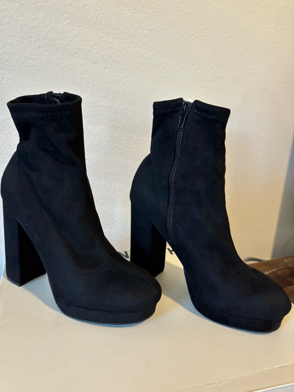 Black Faux Suede Platform Sock Booties Size 6 Chunky Block Heel